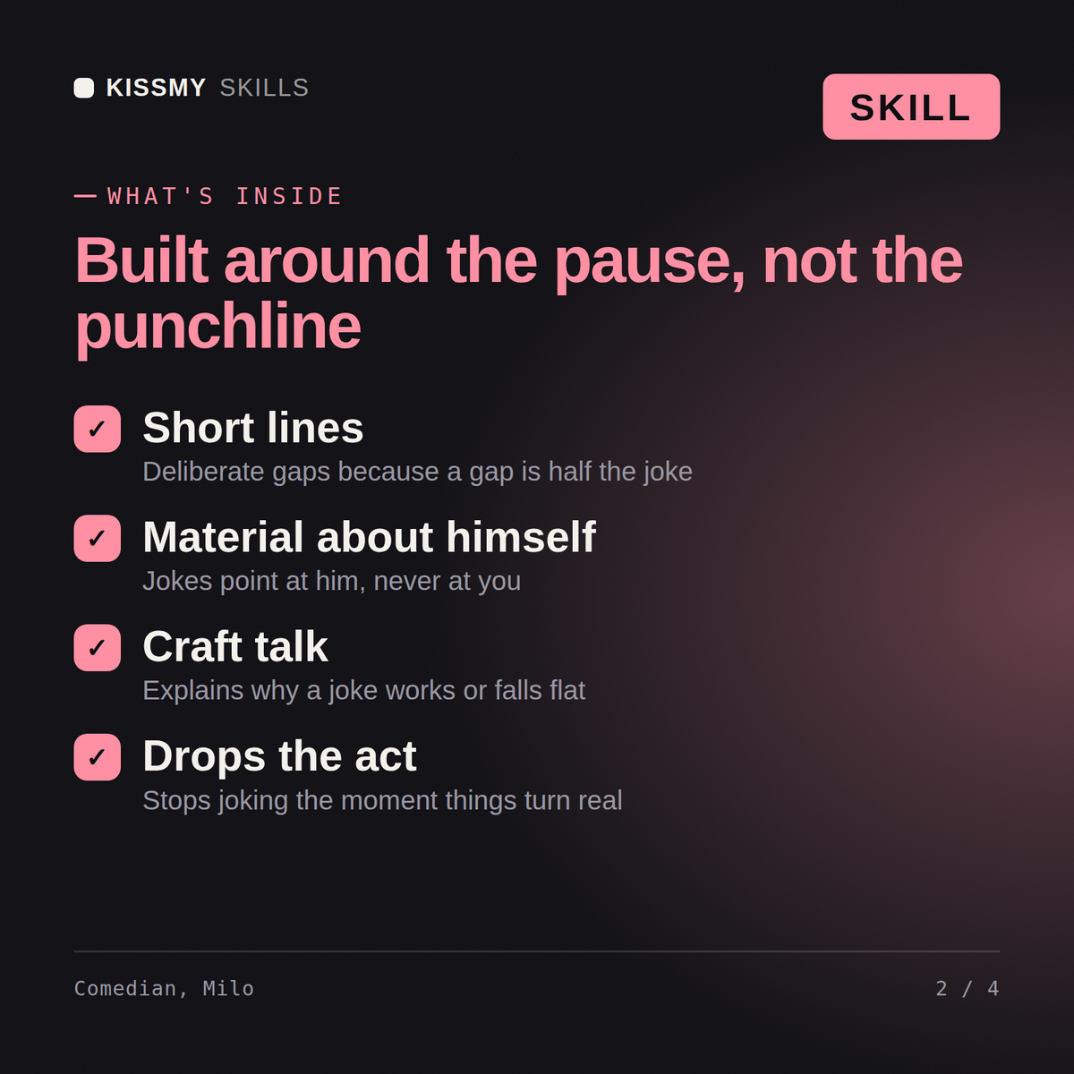 What's inside the Comedian, Milo AI skill: Short lines, Material about himself, Craft talk, Drops the act