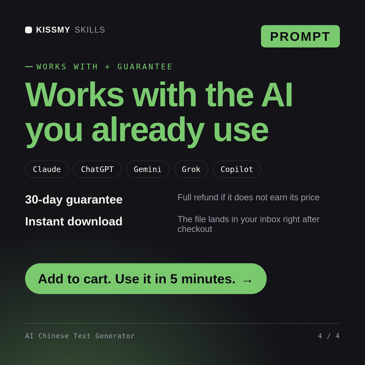 The AI Chinese Text Generator AI prompt works with Claude, ChatGPT, Gemini and any AI chat, 30-day money-back guarantee