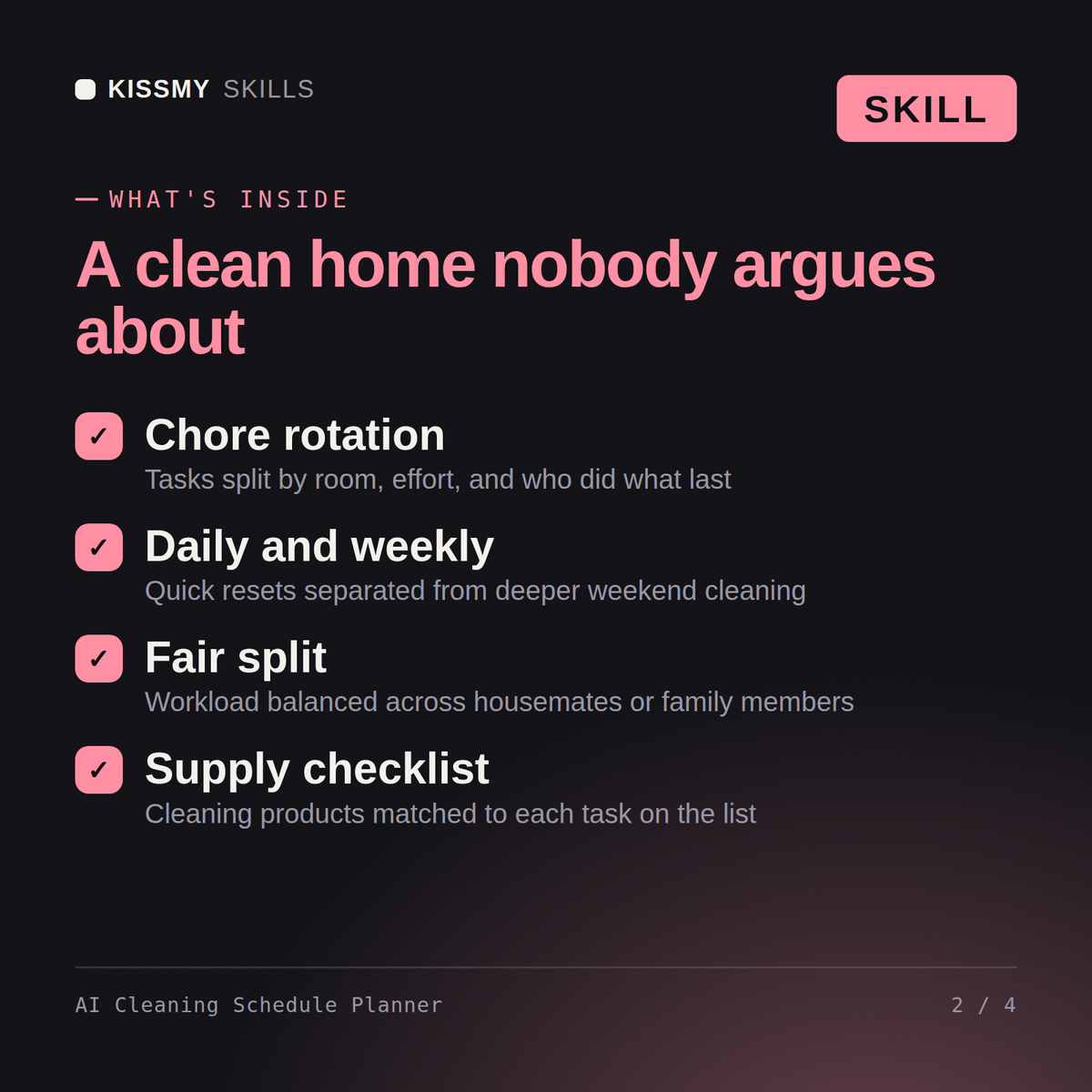 What's inside the AI Cleaning Schedule Planner AI skill: Chore rotation, Daily and weekly, Fair split, Supply checklist