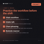 What's inside the AI Clinical Assistant Trainer AI prompt: Vitals workflow, Intake talk, Chart phrasing, Bedside manner