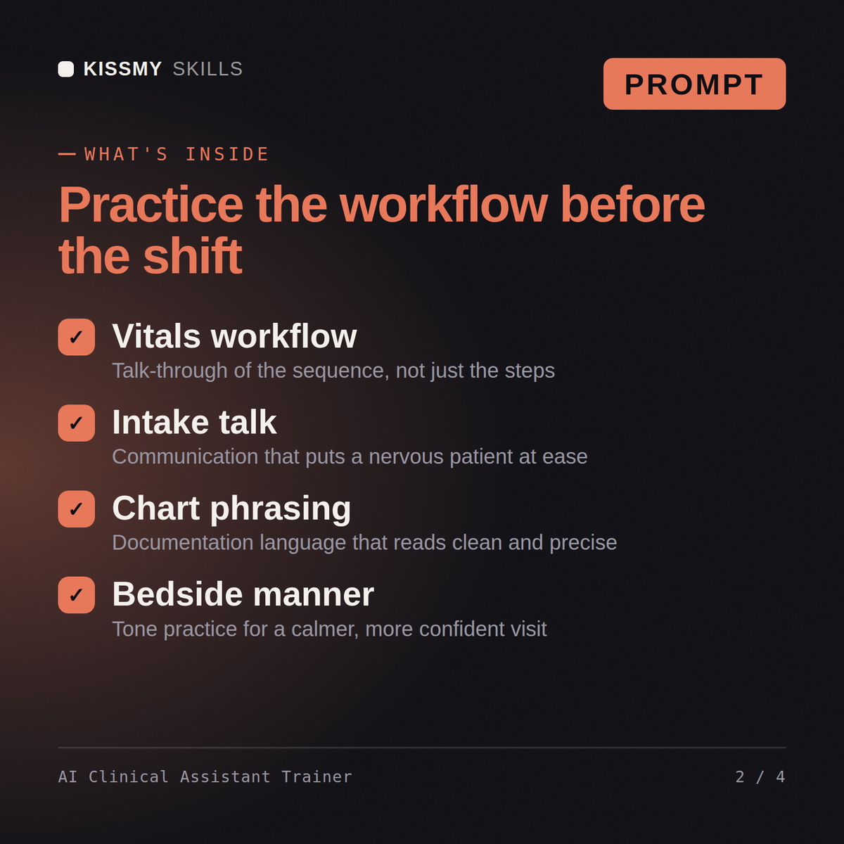 What's inside the AI Clinical Assistant Trainer AI prompt: Vitals workflow, Intake talk, Chart phrasing, Bedside manner