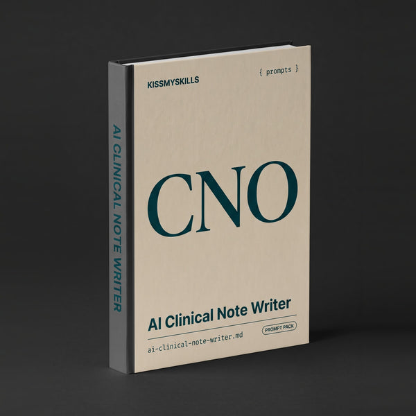 Clinical Note Writer prompts for Claude by KissMySkills, pale warm sand cotton-rag paper cover with the monogram CNO