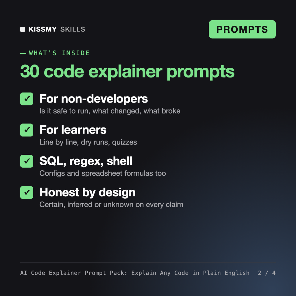 What's inside the AI Code Explainer Prompt Pack: Explain Any Code in Plain English: For non-developers, For learners, SQL, regex, shell, Honest by design