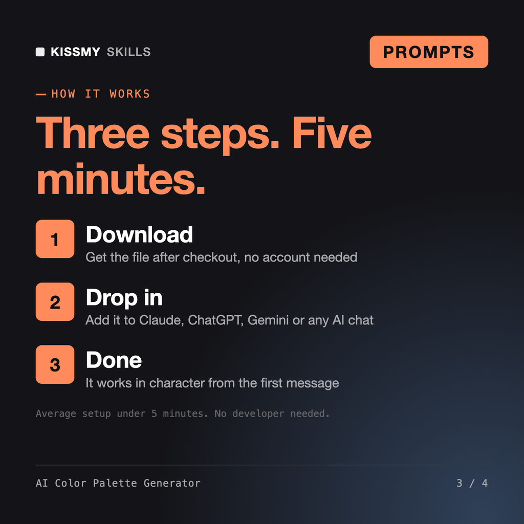 How the AI Color Palette Generator works in three steps: download, drop it into your AI chat, done