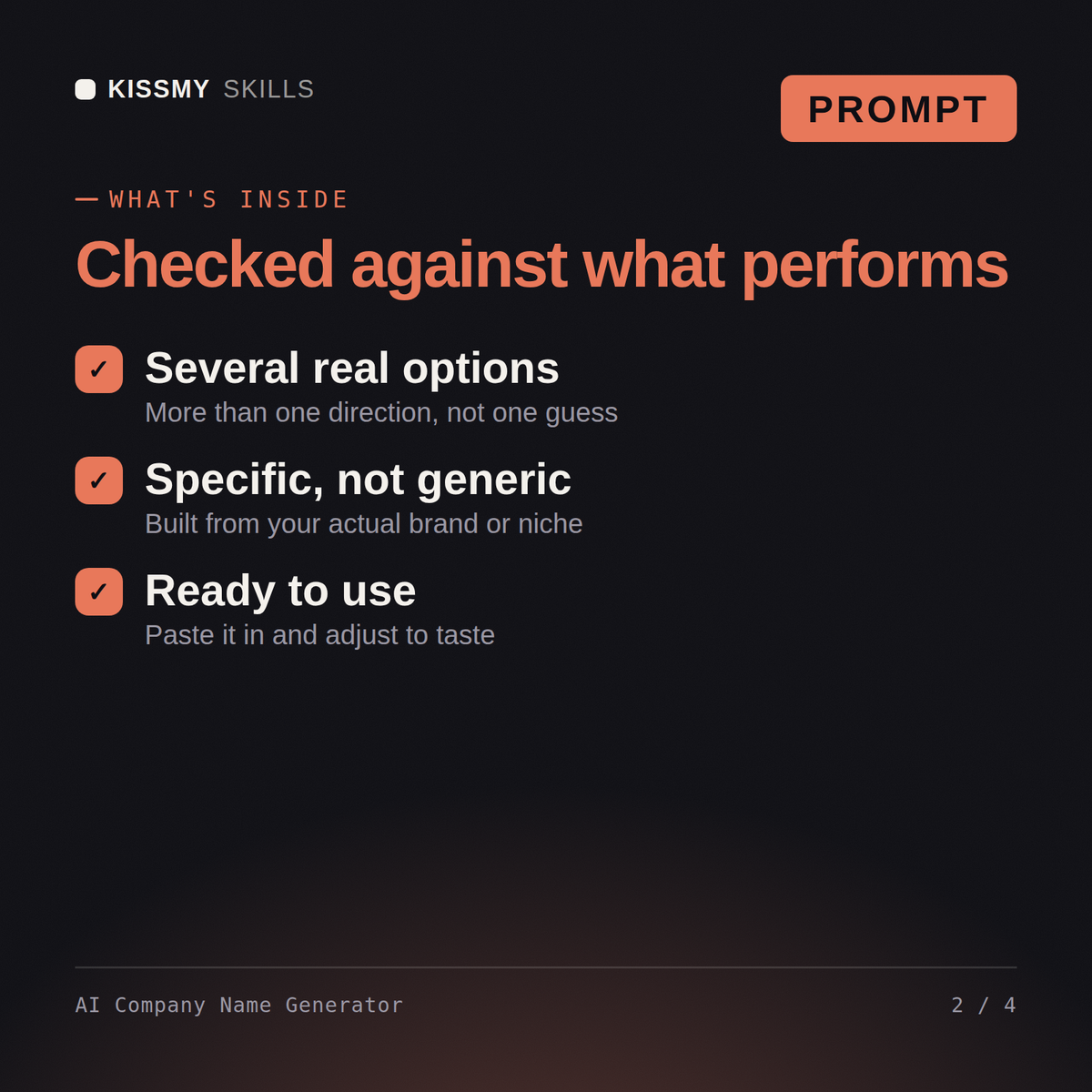 What's inside the AI Company Name Generator AI prompt: Several real options, Specific, not generic, Ready to use