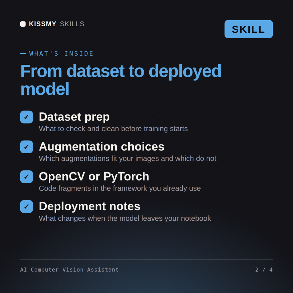 What's inside the AI Computer Vision Assistant AI skill: Dataset prep, Augmentation choices, OpenCV or PyTorch, Deployment notes