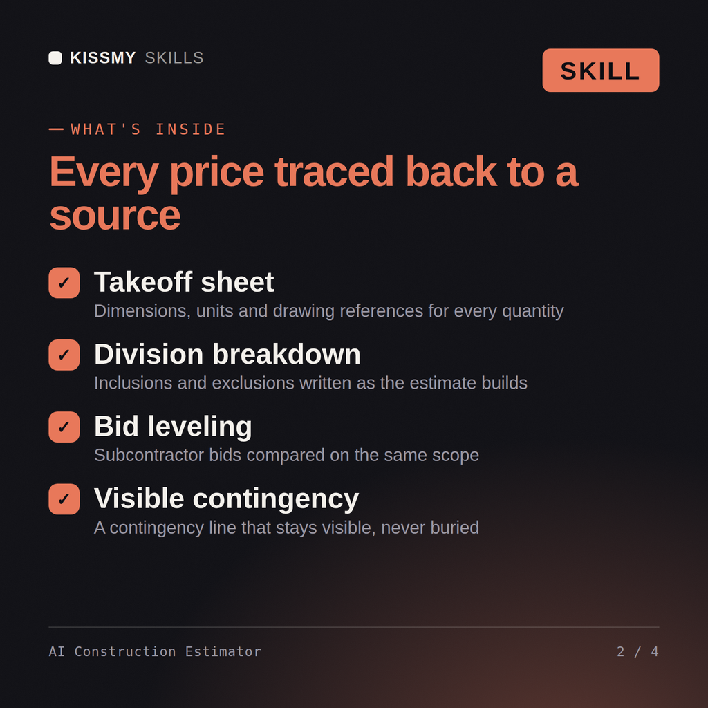 What's inside the AI Construction Estimator AI skill: Takeoff sheet, Division breakdown, Bid leveling, Visible contingency