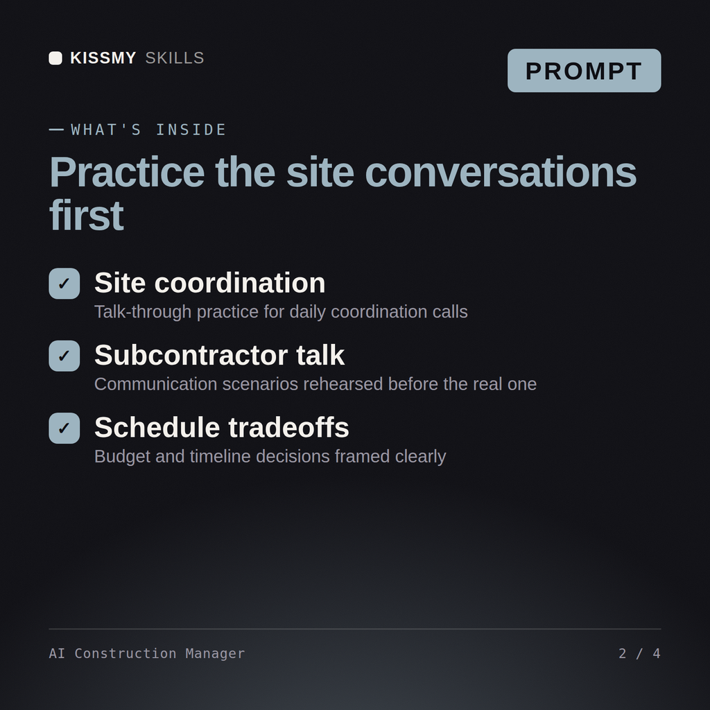 What's inside the AI Construction Manager AI prompt: Site coordination, Subcontractor talk, Schedule tradeoffs