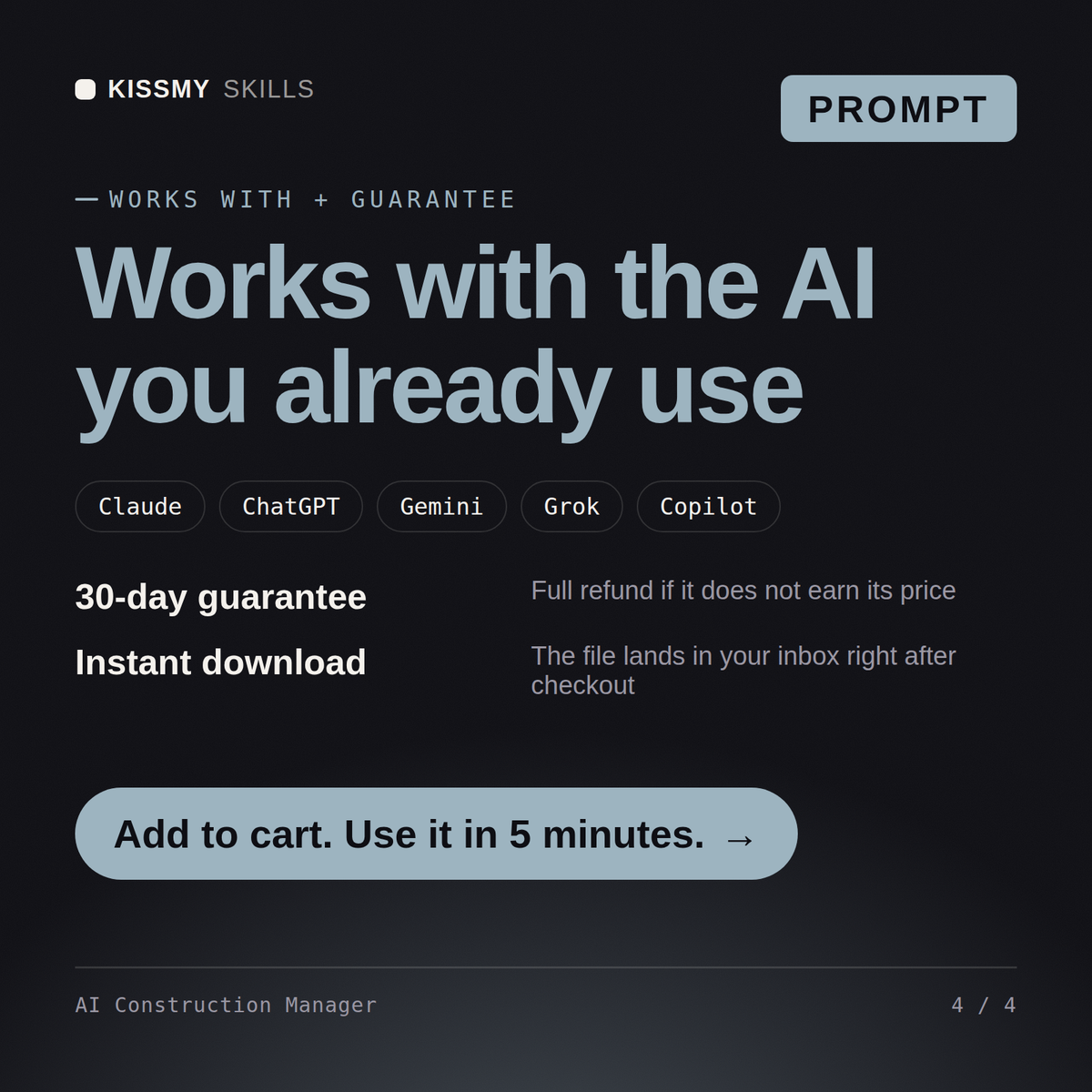 The AI Construction Manager AI prompt works with Claude, ChatGPT, Gemini and any AI chat, 30-day money-back guarantee