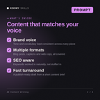 What's inside the AI Content Writing AI prompt: Brand voice, Multiple formats, SEO aware, Fast turnaround