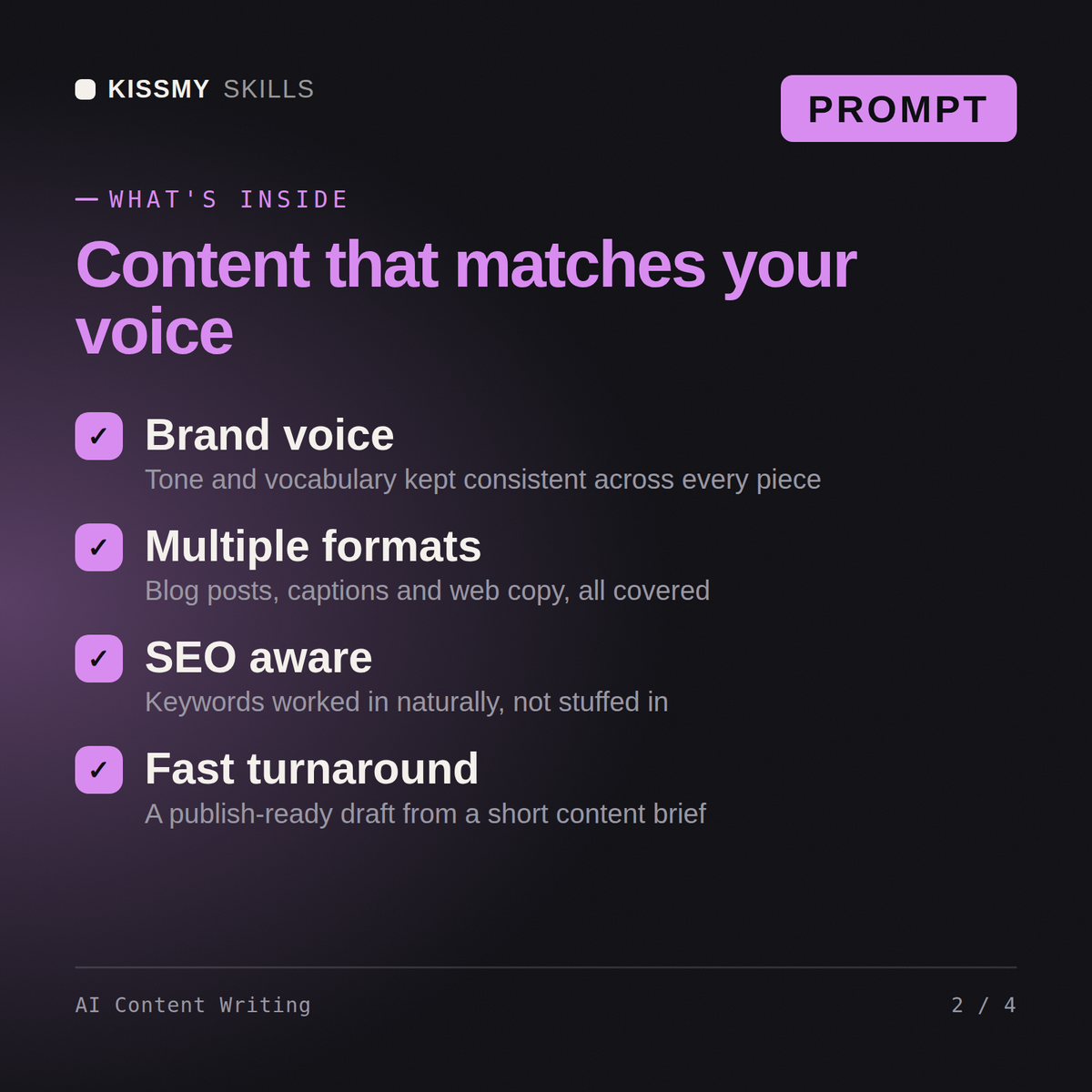 What's inside the AI Content Writing AI prompt: Brand voice, Multiple formats, SEO aware, Fast turnaround