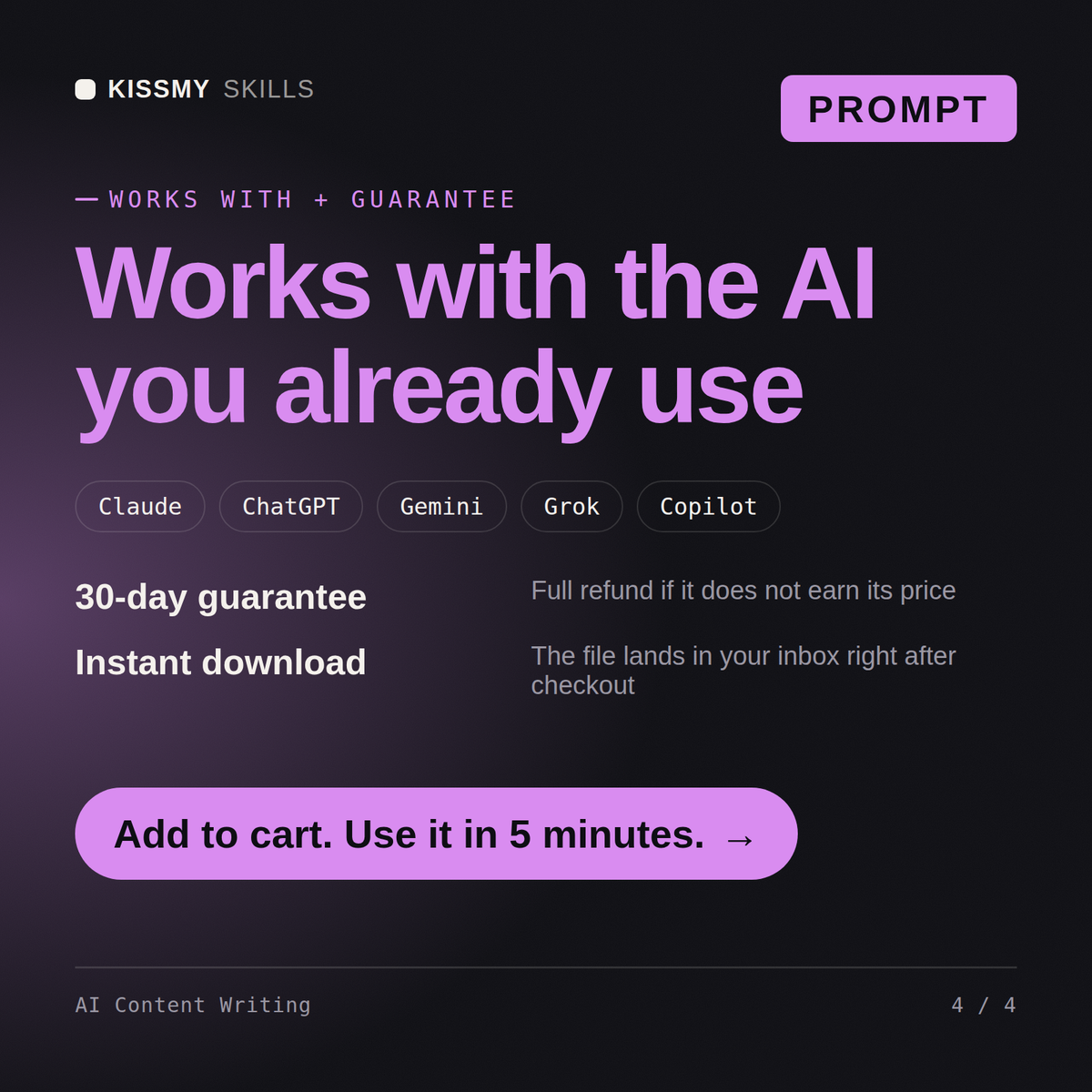 The AI Content Writing AI prompt works with Claude, ChatGPT, Gemini and any AI chat, 30-day money-back guarantee
