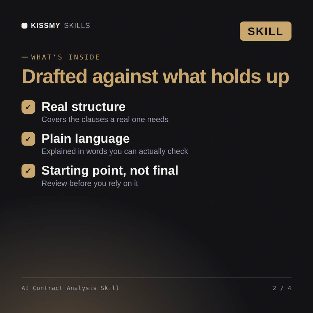 What's inside the AI Contract Analysis Skill AI skill: Real structure, Plain language, Starting point, not final