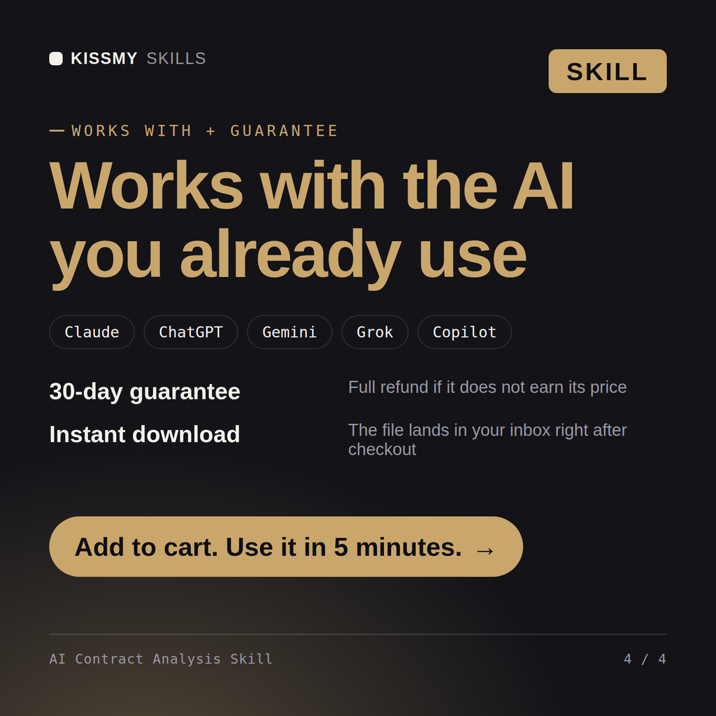 The AI Contract Analysis Skill AI skill works with Claude, ChatGPT, Gemini and any AI chat, 30-day money-back guarantee