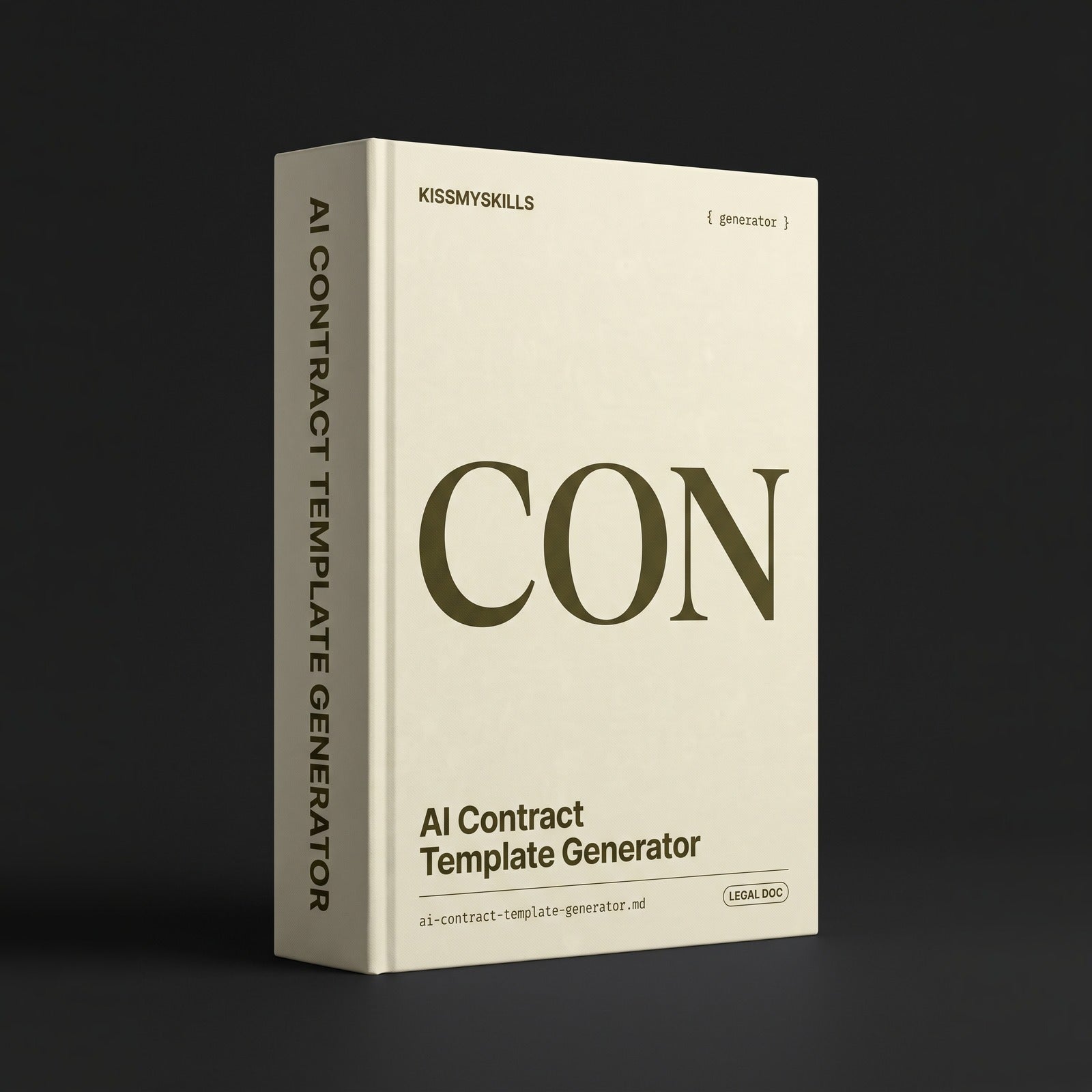Contract Template Generator Claude skill by KissMySkills, pale parchment cream laid paper cover with the monogram CON
