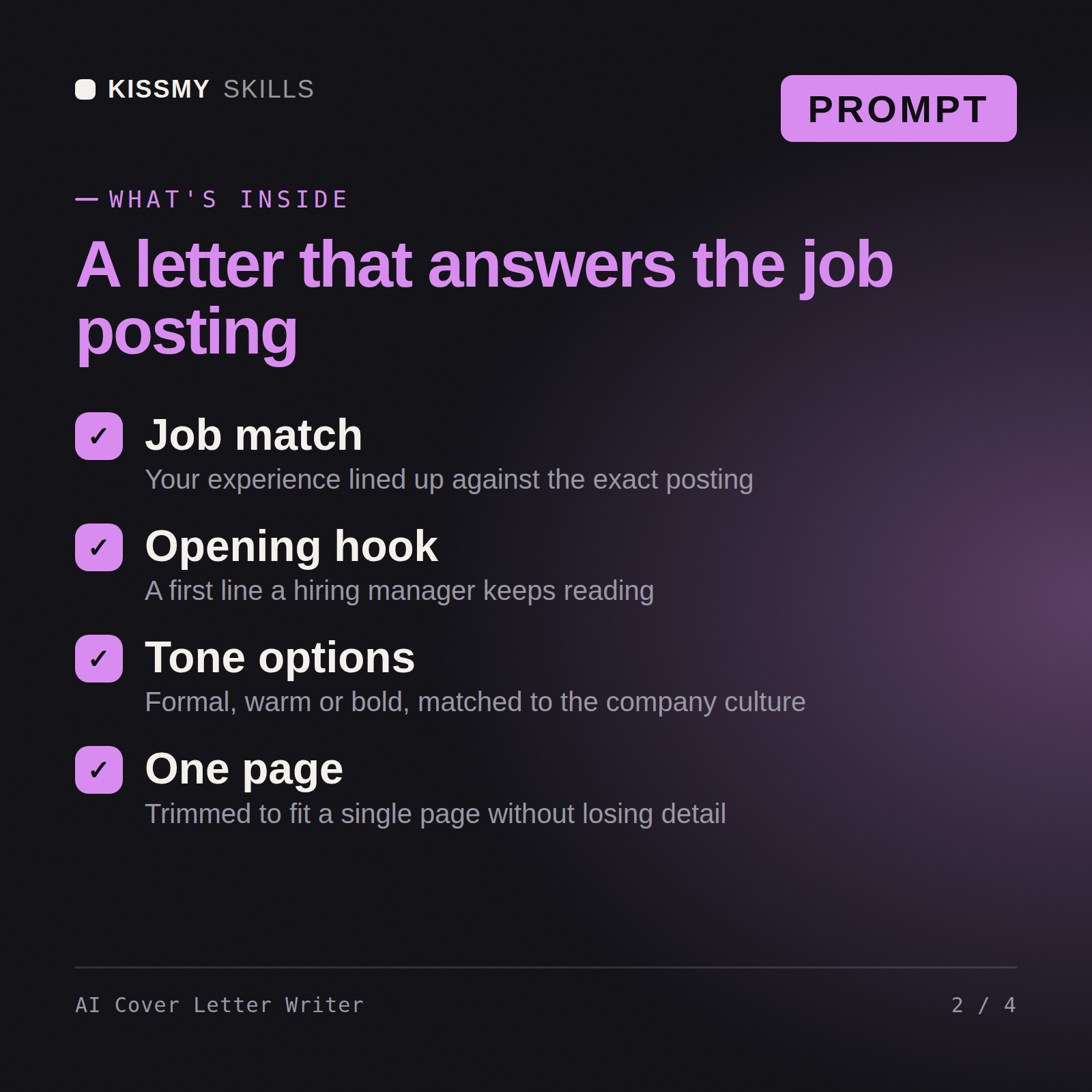 What's inside the AI Cover Letter Writer AI prompt: Job match, Opening hook, Tone options, One page