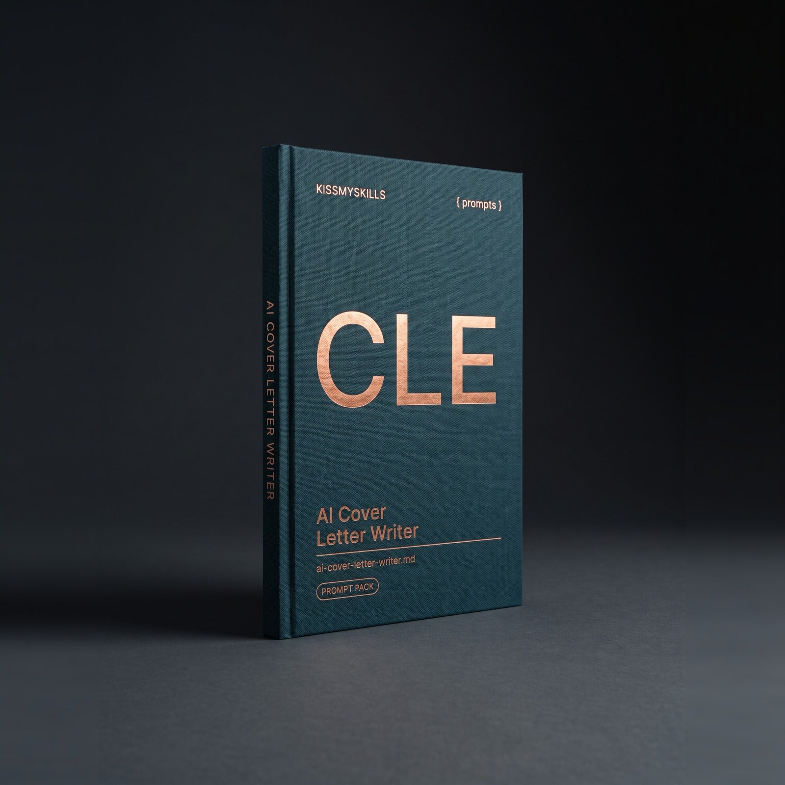 Cover Letter Writer prompts for Claude by KissMySkills, deep teal bookcloth cover with the monogram CLE