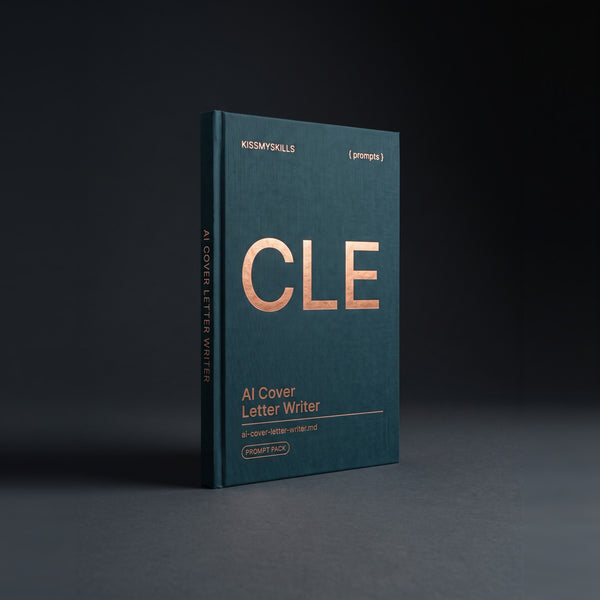 Cover Letter Writer prompts for Claude by KissMySkills, deep teal bookcloth cover with the monogram CLE