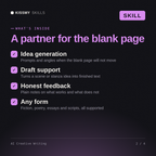 What's inside the AI Creative Writing AI skill: Idea generation, Draft support, Honest feedback, Any form