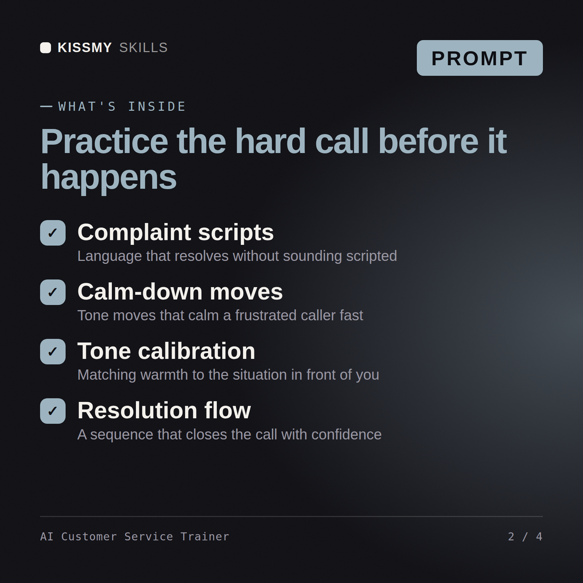 What's inside the AI Customer Service Trainer AI prompt: Complaint scripts, Calm-down moves, Tone calibration, Resolution flow