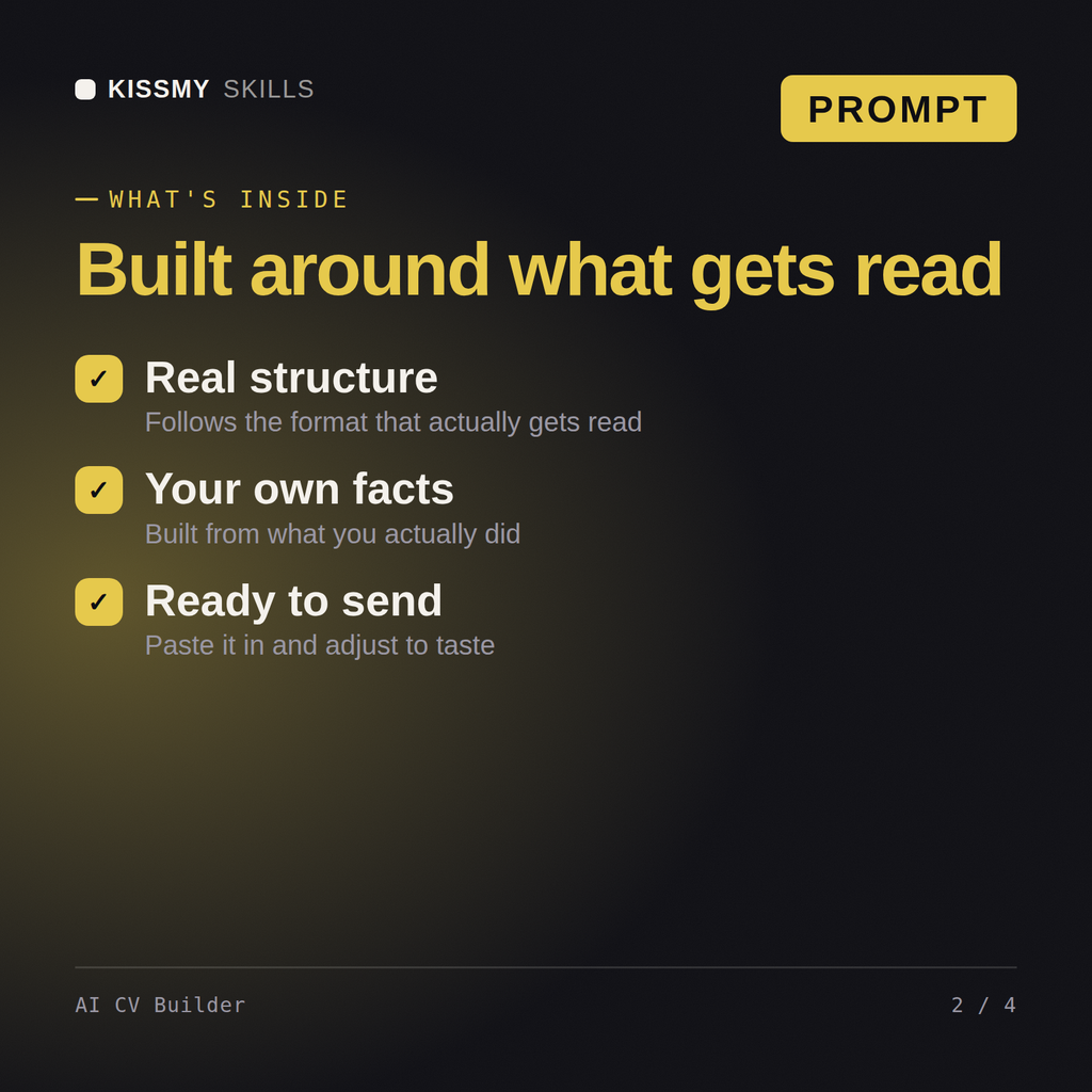 What's inside the AI CV Builder AI prompt: Real structure, Your own facts, Ready to send