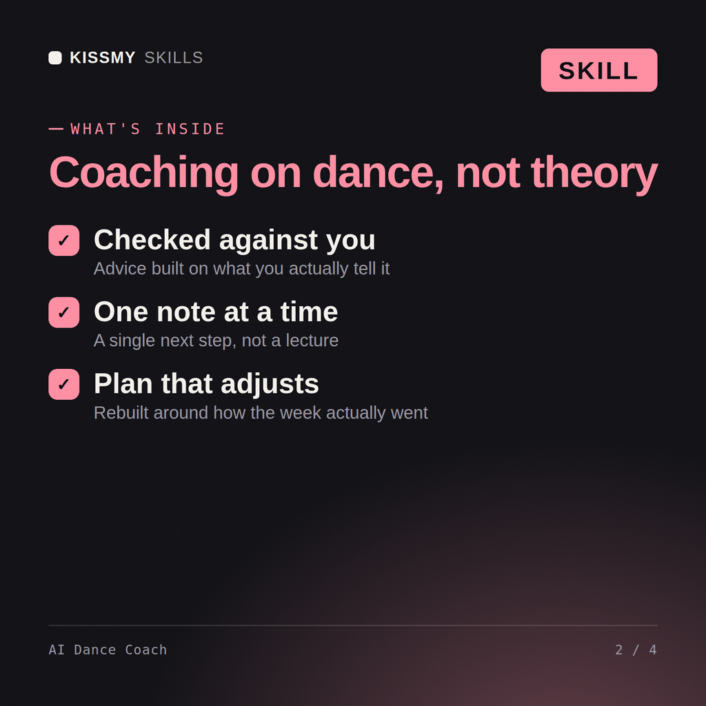 What's inside the AI Dance Coach AI skill: Checked against you, One note at a time, Plan that adjusts
