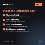 What's inside the AI Databricks Tutor AI skill: Placement first, Delta and Unity, Load and schedule, Dashboards and Genie