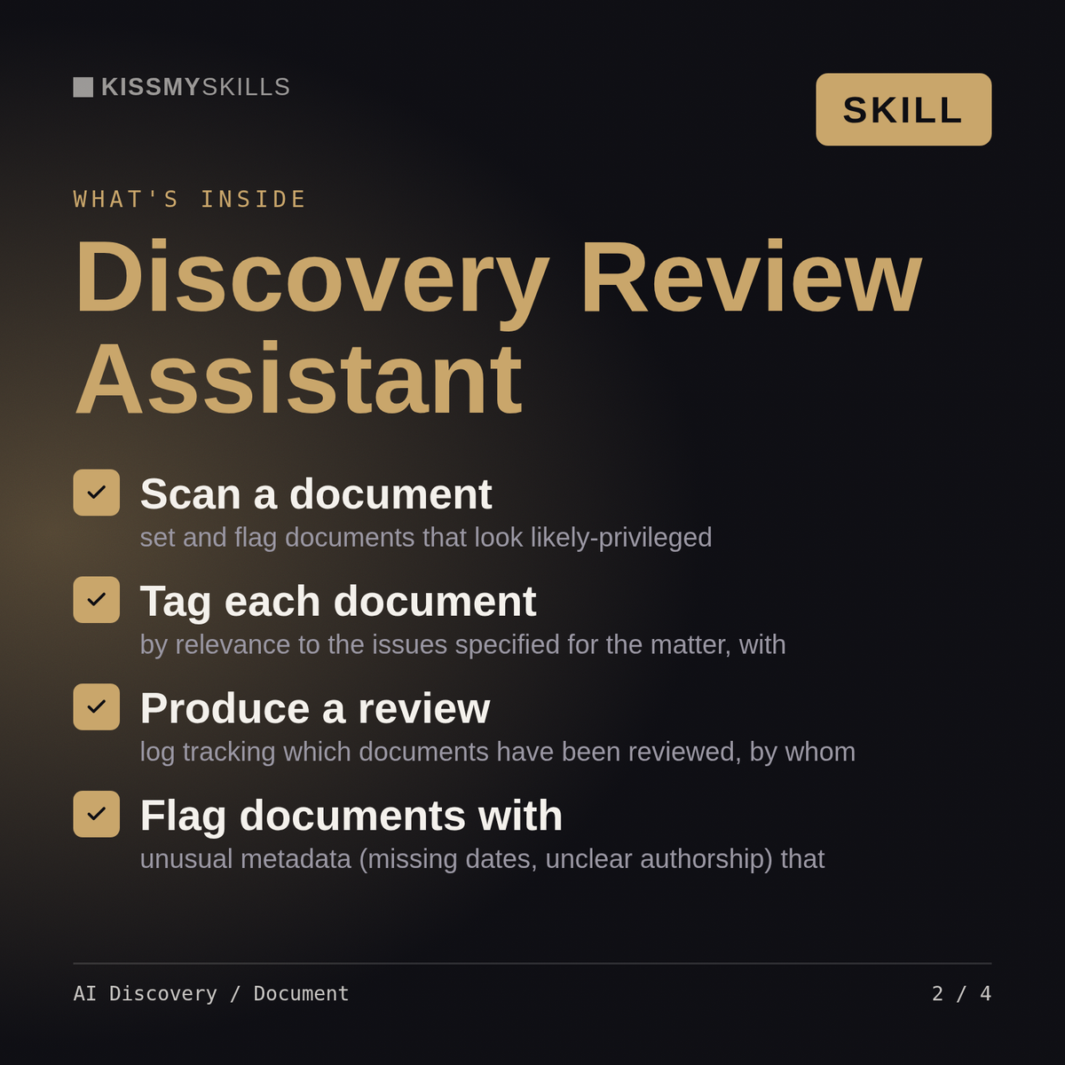 What's inside the AI Discovery / Document skill: Scan a document, Tag each document, Produce a review, Flag documents with