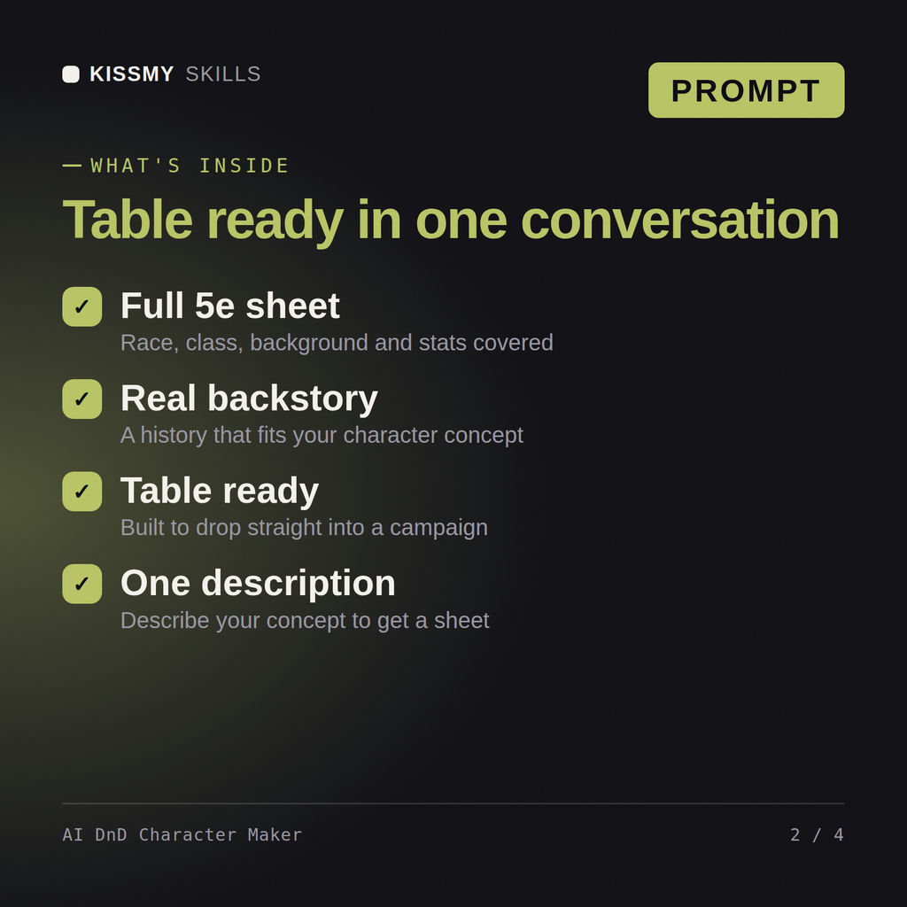 What's inside the AI DnD Character Maker AI prompt: Full 5e sheet, Real backstory, Table ready, One description