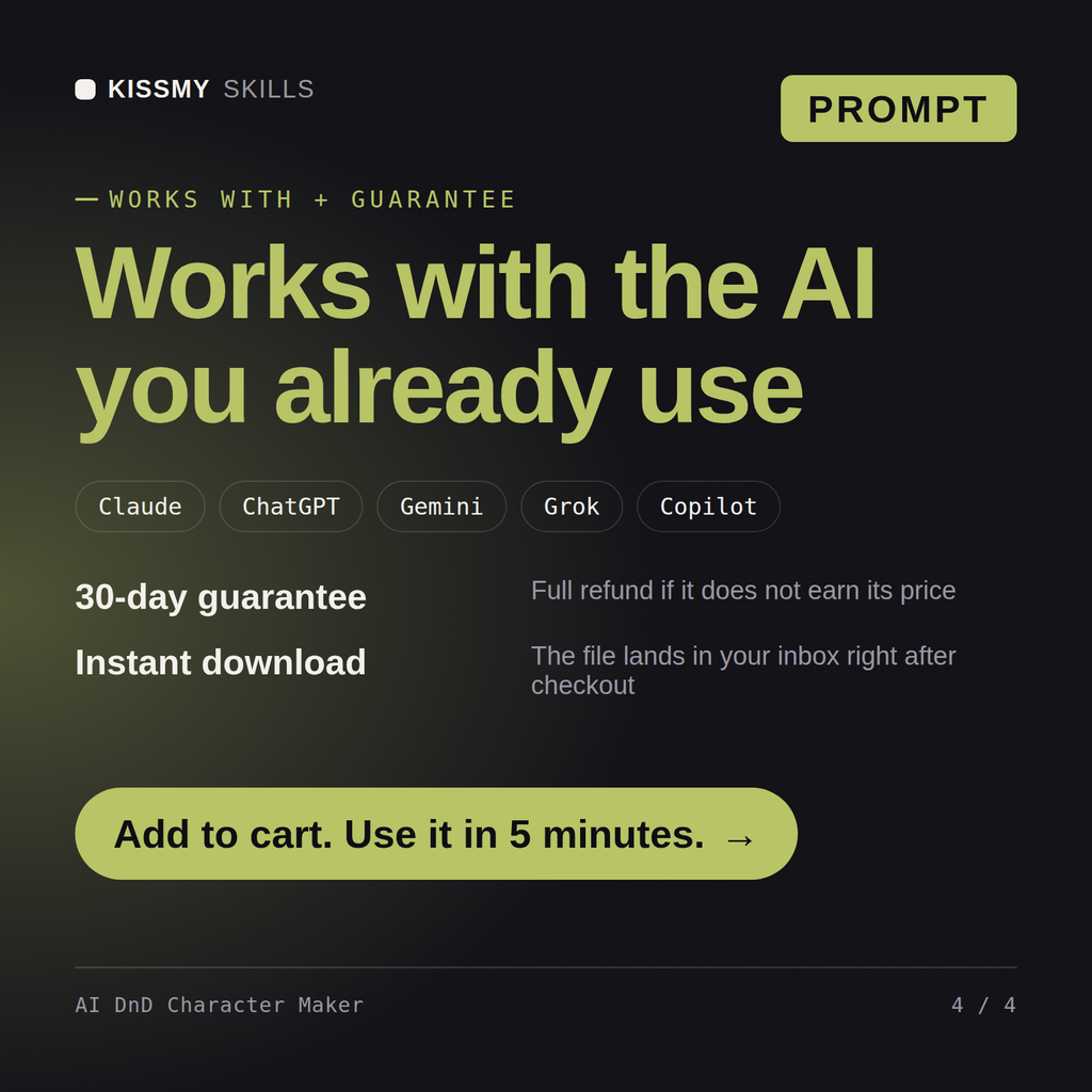 The AI DnD Character Maker AI prompt works with Claude, ChatGPT, Gemini and any AI chat, 30-day money-back guarantee