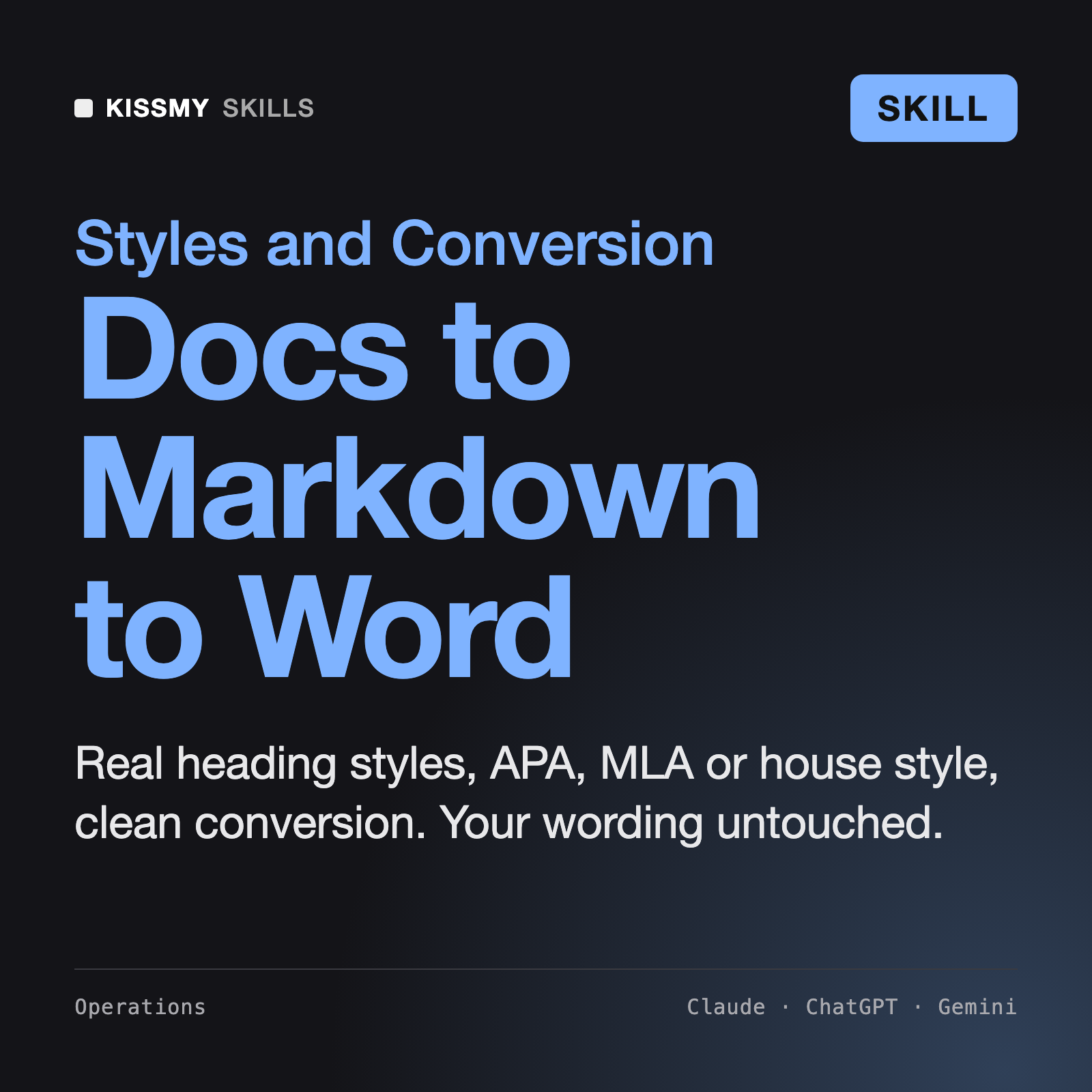 AI Document Formatter for Word, Google Docs & Markdown AI skill by KissMySkills, cover
