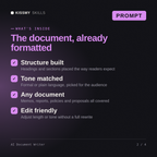 What's inside the AI Document Writer AI prompt: Structure built, Tone matched, Any document, Edit friendly