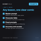 What's inside the AI Educational Comic Generator: Master prompt, Character bible, Panel prompts, Accuracy and access