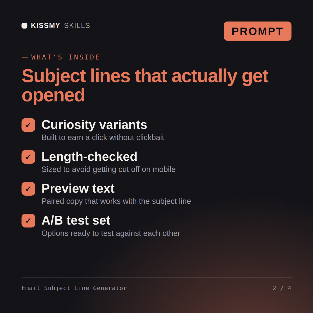 What's inside the Email Subject Line Generator AI prompt: Curiosity variants, Length-checked, Preview text, A/B test set