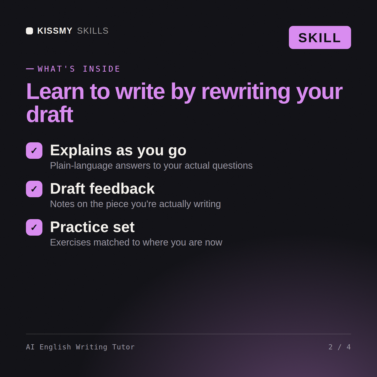 What's inside the AI English Writing Tutor AI skill: Explains as you go, Draft feedback, Practice set