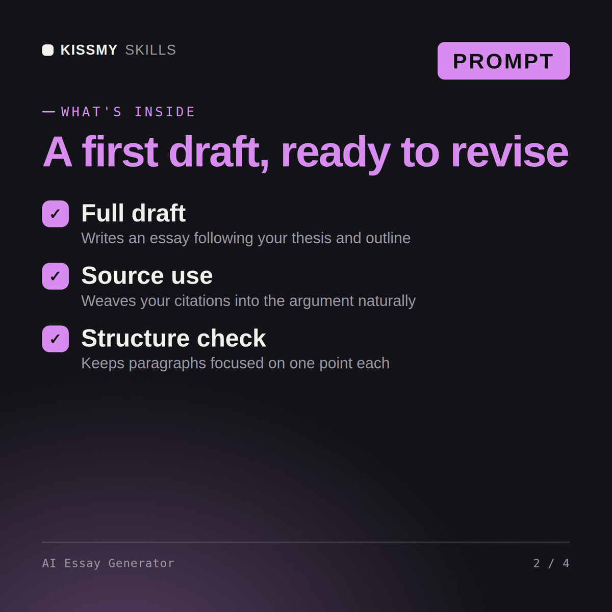 What's inside the AI Essay Generator AI prompt: Full draft, Source use, Structure check