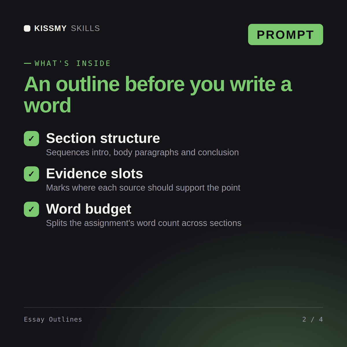 What's inside the Essay Outlines AI prompt: Section structure, Evidence slots, Word budget