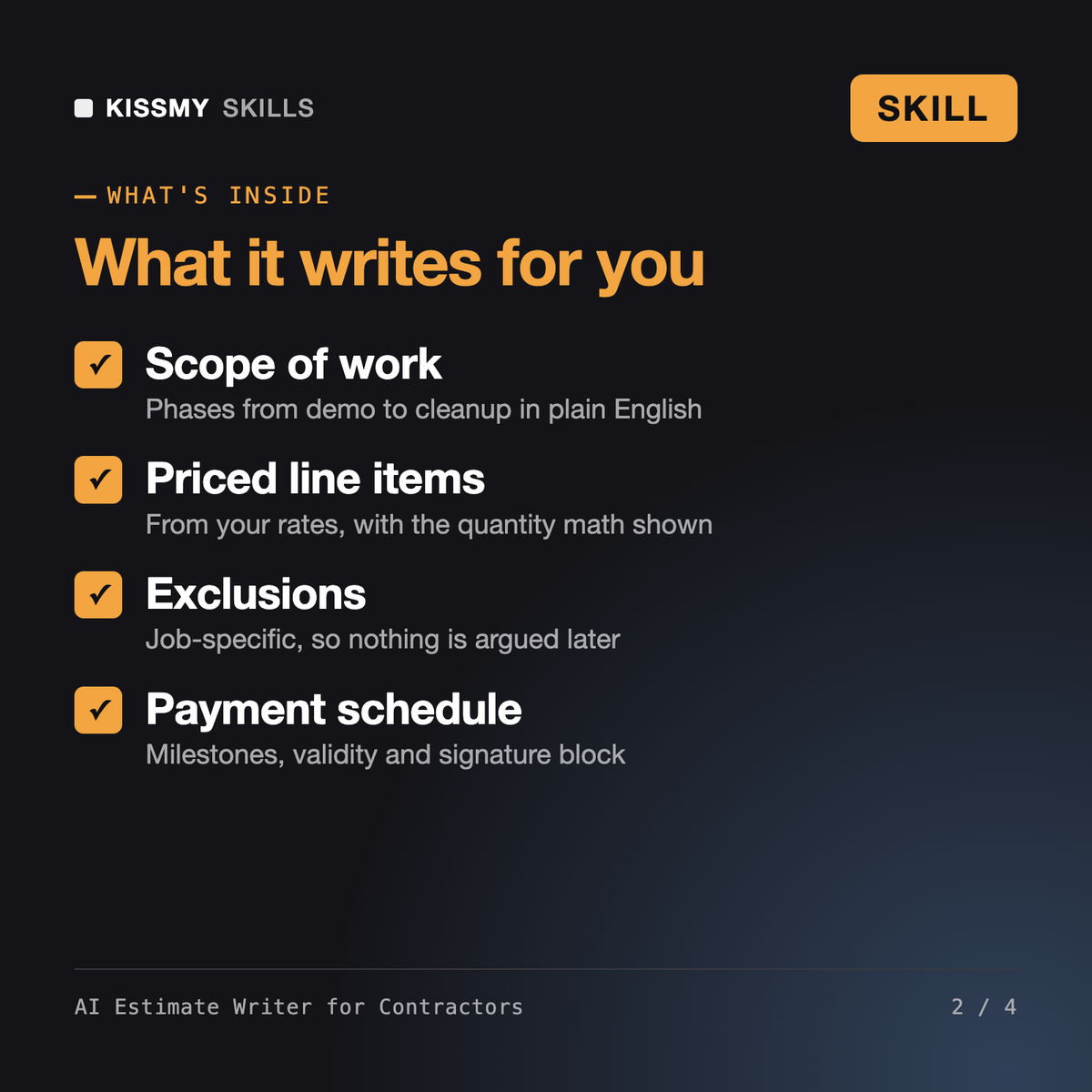 What's inside AI Estimate Writer for Contractors: scope of work, priced line items, exclusions, payment schedule