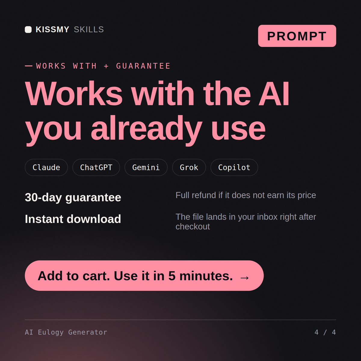 The AI Eulogy Generator AI prompt works with Claude, ChatGPT, Gemini and any AI chat, 30-day money-back guarantee