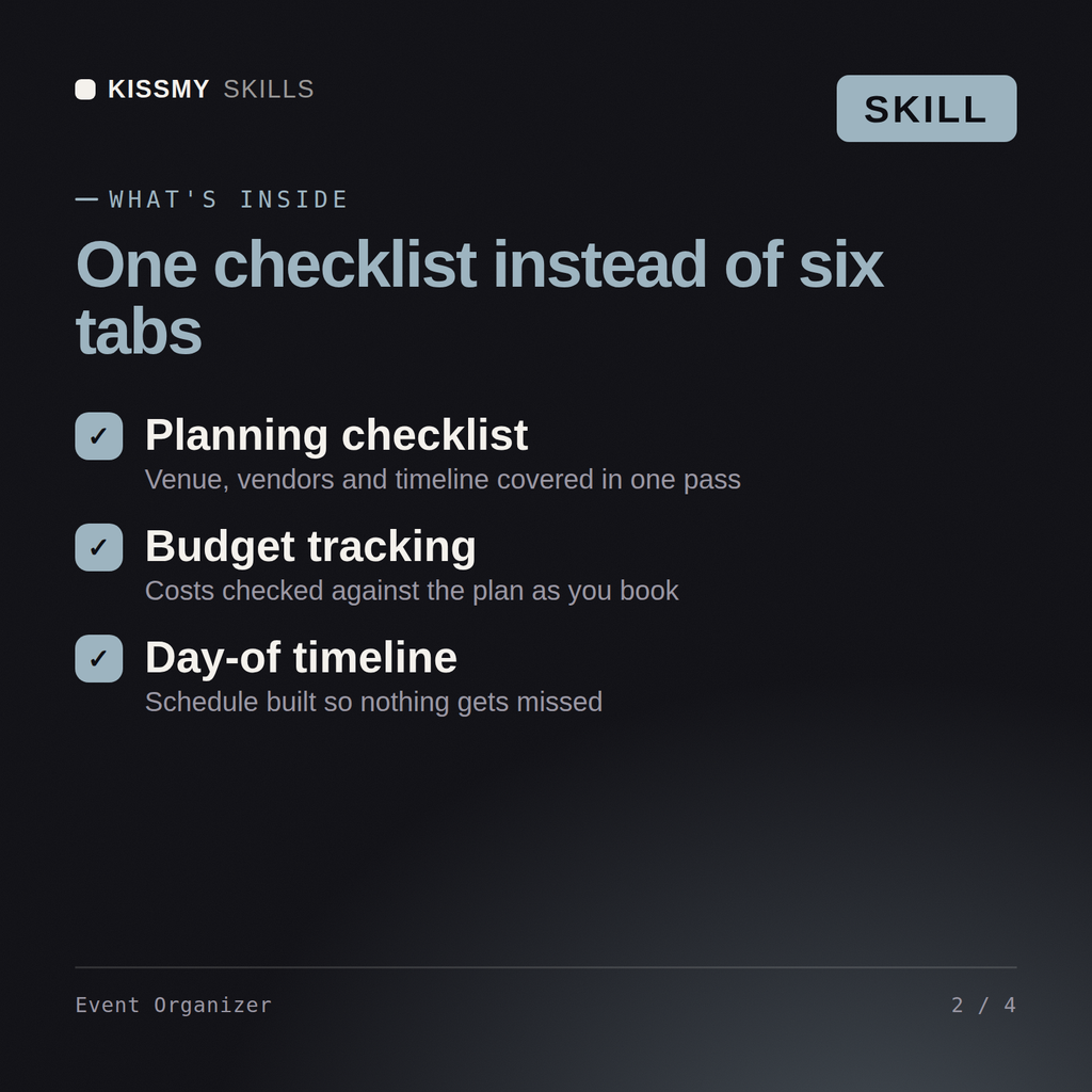 What's inside the Event Organizer AI skill: Planning checklist, Budget tracking, Day-of timeline
