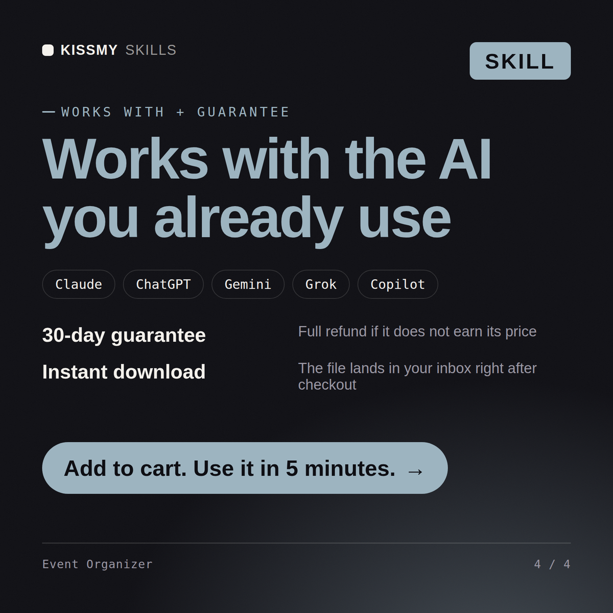 The Event Organizer AI skill works with Claude, ChatGPT, Gemini and any AI chat, 30-day money-back guarantee