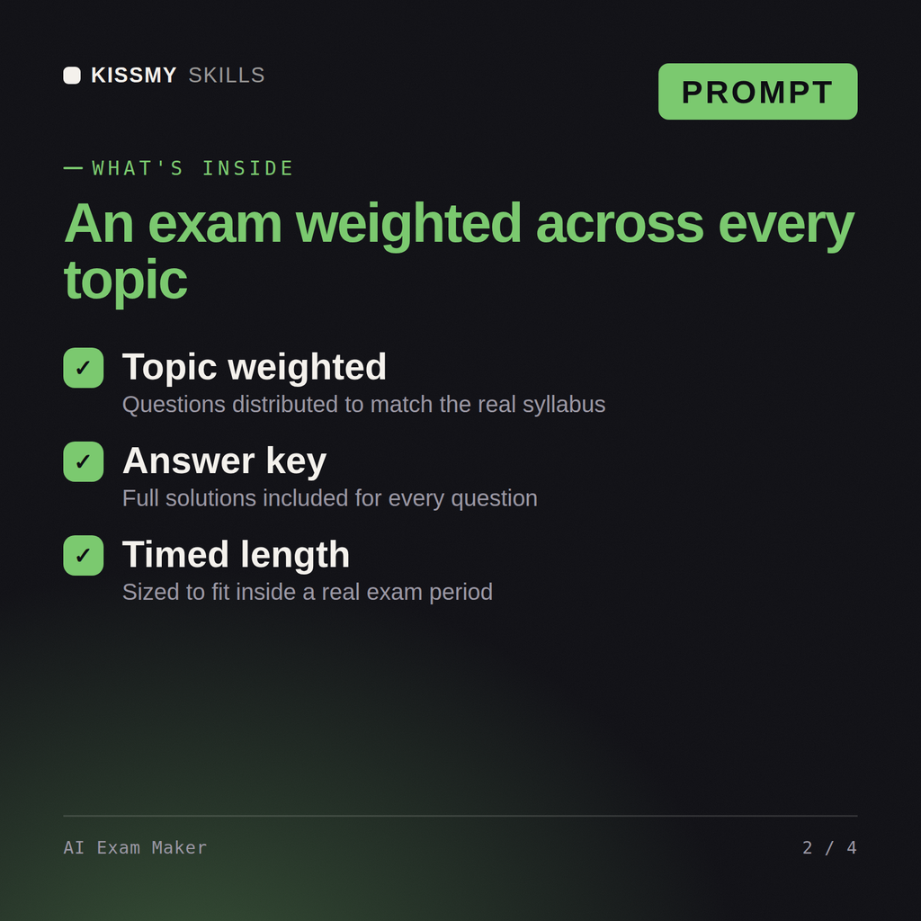 What's inside the AI Exam Maker AI prompt: Topic weighted, Answer key, Timed length