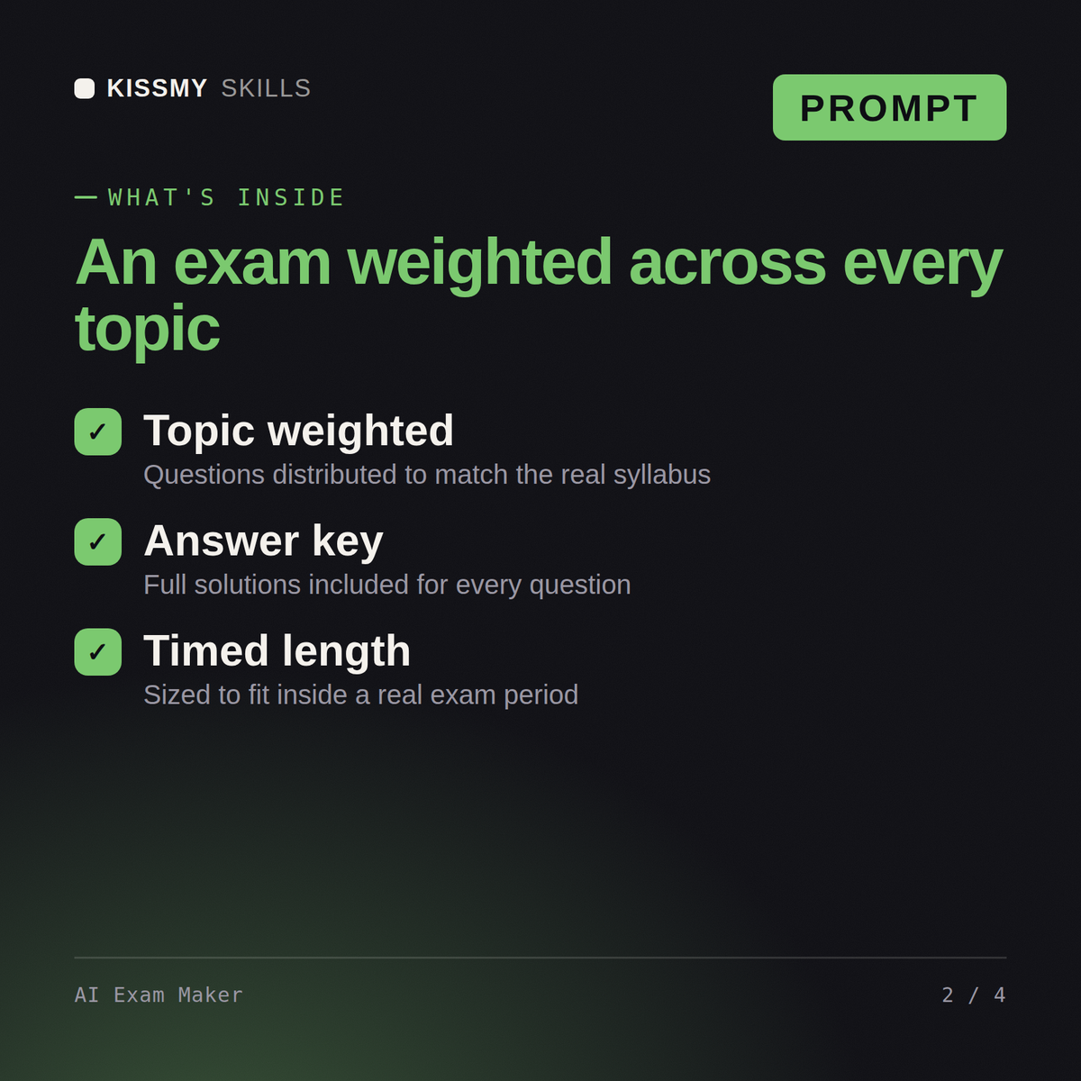 What's inside the AI Exam Maker AI prompt: Topic weighted, Answer key, Timed length