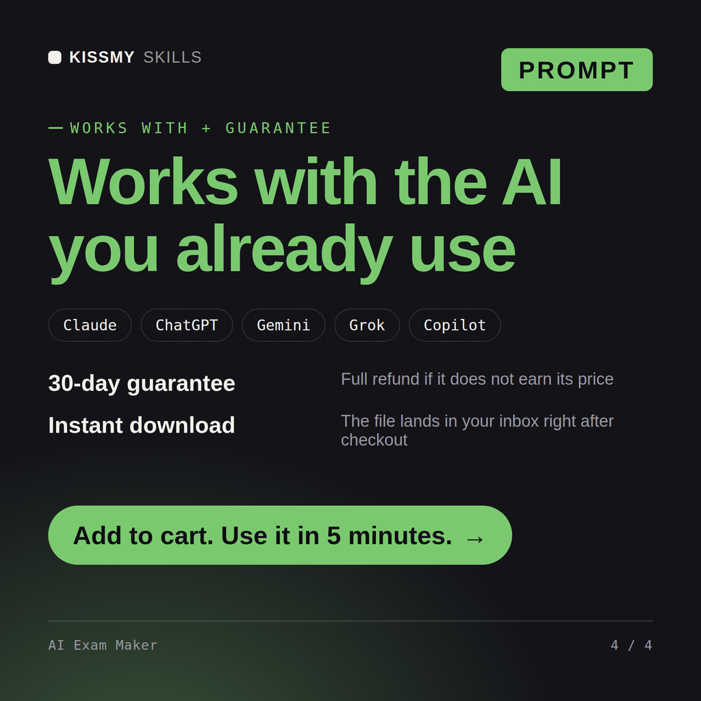 The AI Exam Maker AI prompt works with Claude, ChatGPT, Gemini and any AI chat, 30-day money-back guarantee