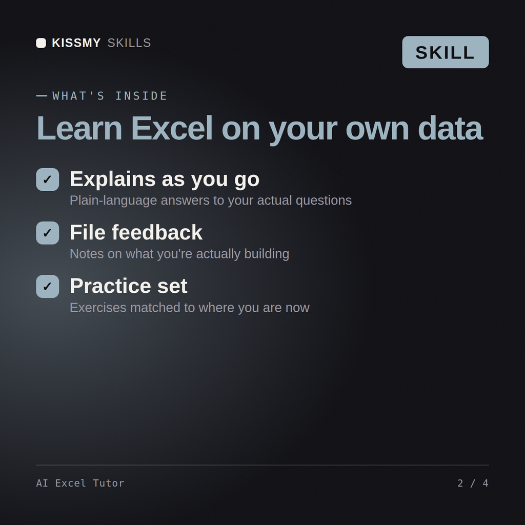 What's inside the AI Excel Tutor AI skill: Explains as you go, File feedback, Practice set