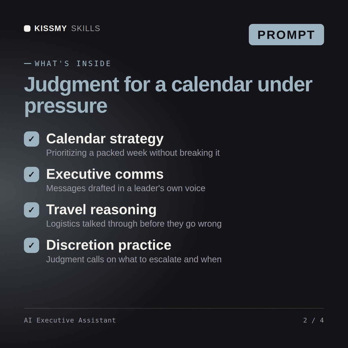 What's inside the AI Executive Assistant AI prompt: Calendar strategy, Executive comms, Travel reasoning, Discretion practice