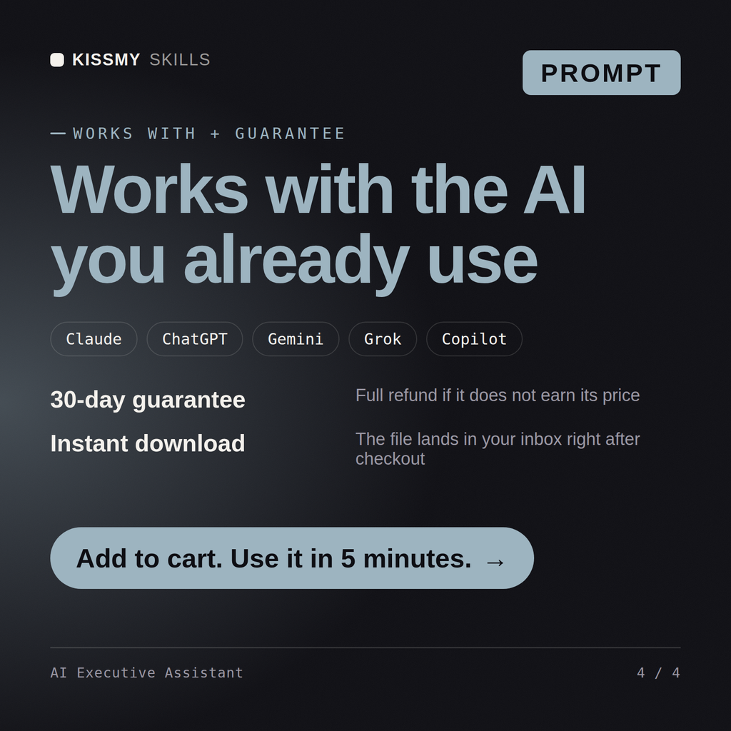 The AI Executive Assistant AI prompt works with Claude, ChatGPT, Gemini and any AI chat, 30-day money-back guarantee
