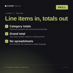 What's inside the AI Expense Report Generator AI skill: Category totals, Grand total, No spreadsheets