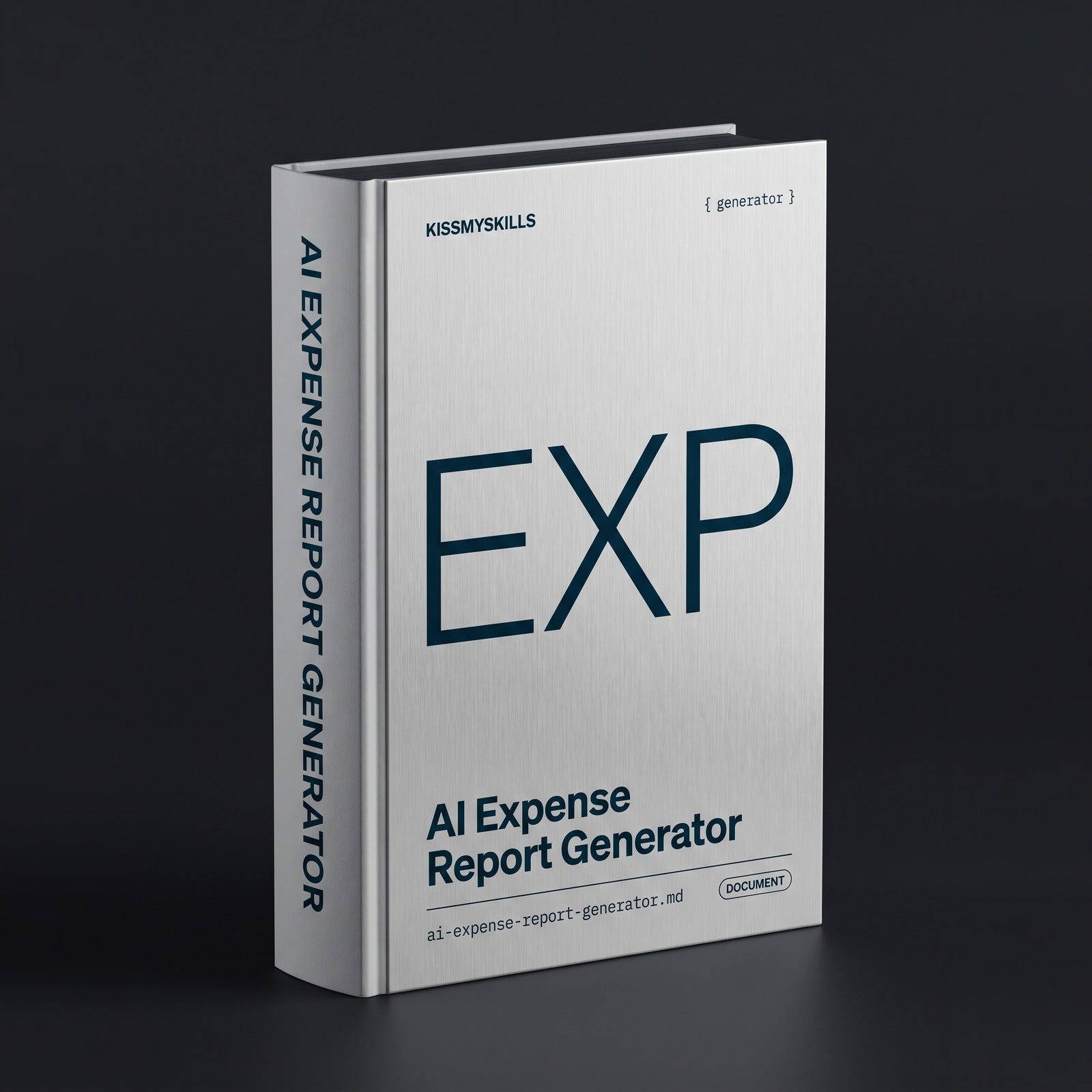 Expense Report Generator Claude skill by KissMySkills, brushed pale steel metal cover with the monogram EXP