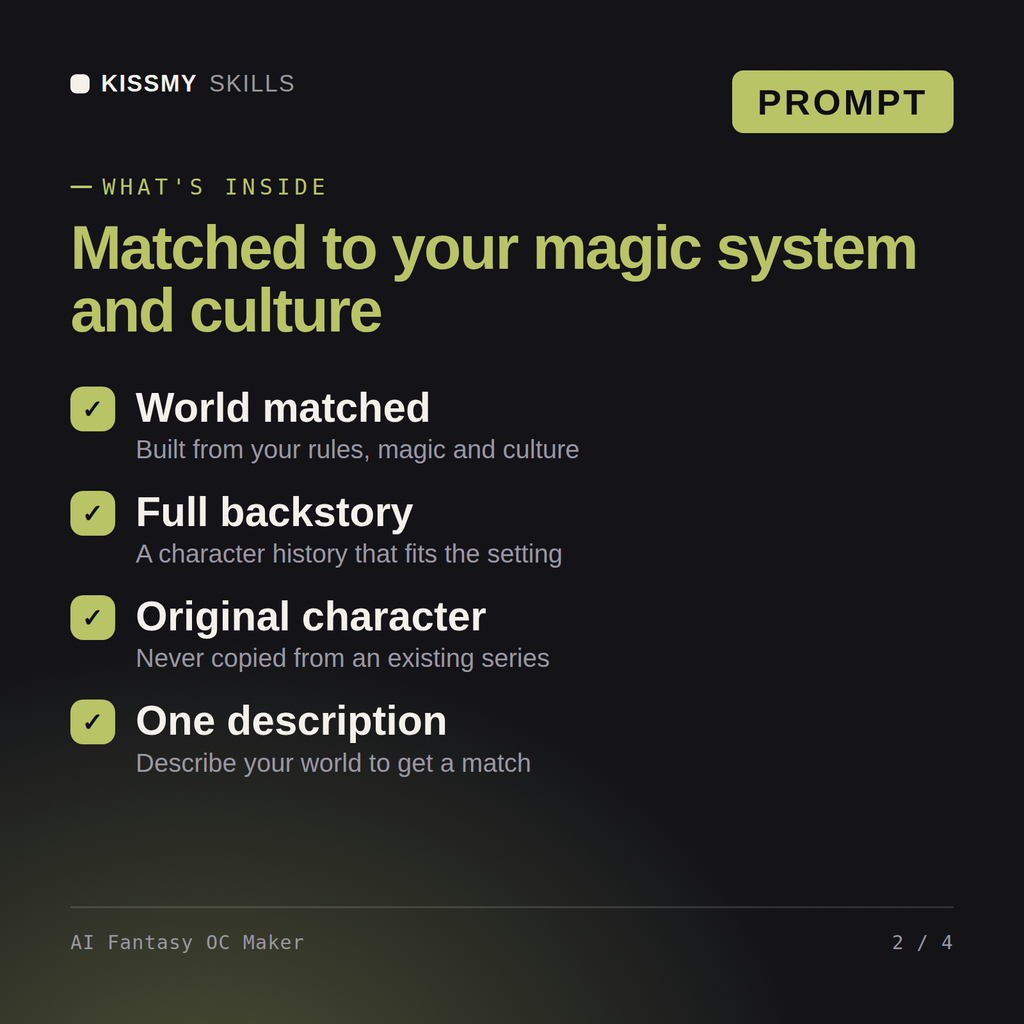 What's inside the AI Fantasy OC Maker AI prompt: World matched, Full backstory, Original character, One description